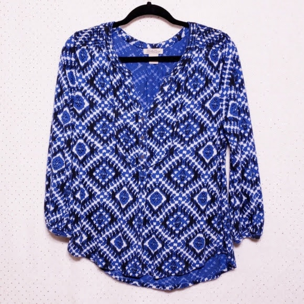 Lucky Brand Sz XS Southwestern Aztec Print Boho Style Blue  Top Shirt Blouse